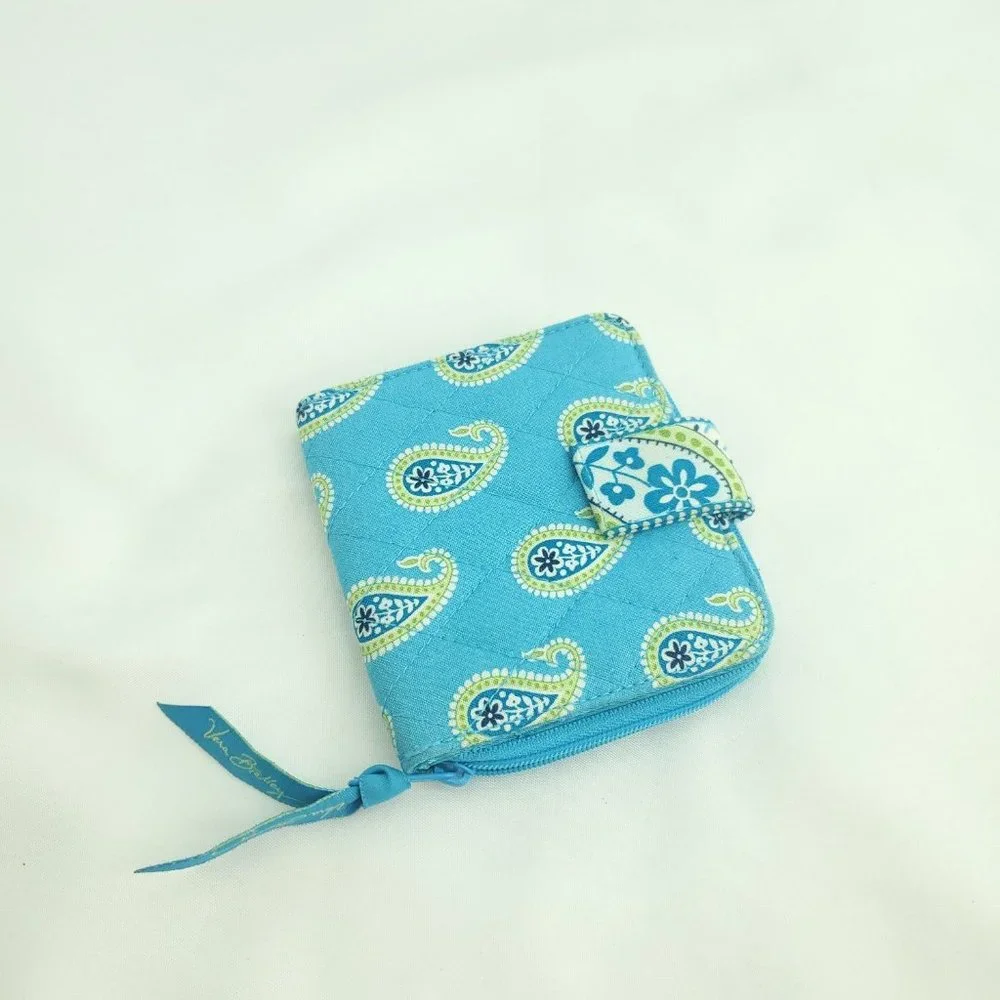 Vera Bradley Girls Blue Paisley Inner Pocket Snap Front Zip Around Bifold Wallet
